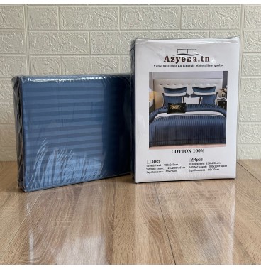 Parure de Lit 4 Pièces Coton – Douceur & Élégance Rayures Satinées