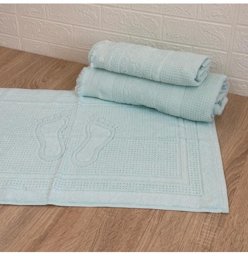 Ensemble 3 pièces de linge de bain luxe – Drap, serviette et tapis