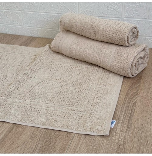 Ensemble 3 pièces de linge de bain luxe – Drap, serviette et tapis