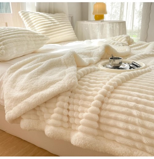 Plaid en fourrure 2 places avec 2 taies d’oreiller – Blanc ivoire 210x230 cm