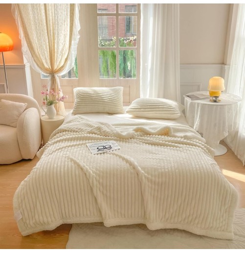 Plaid en fourrure 2 places avec 2 taies d’oreiller – Blanc ivoire 210x230 cm