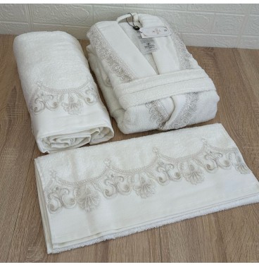 Pack peignoir 3 pièces en coton brodé – Haute qualité, avec coffret cadeau élégant