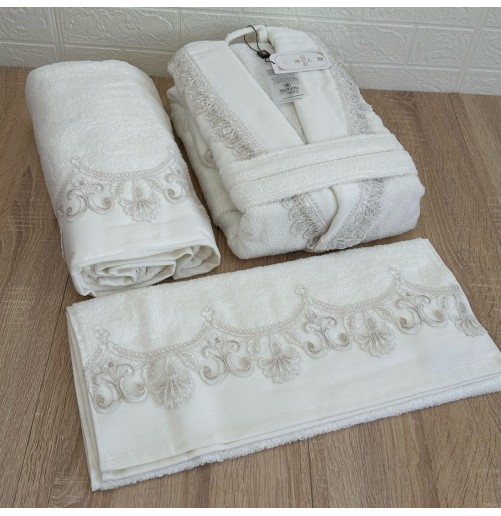 Pack peignoir 3 pièces en coton brodé – Haute qualité, avec coffret cadeau élégant