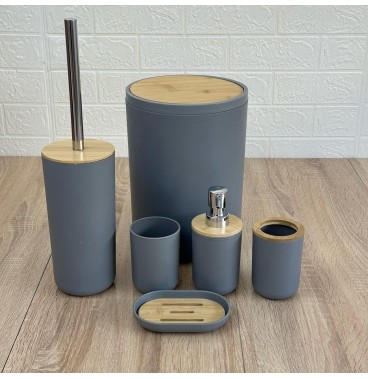 Set d'Accessoires de Salle de Bain 6 en 1 avec Couvercle en Bois