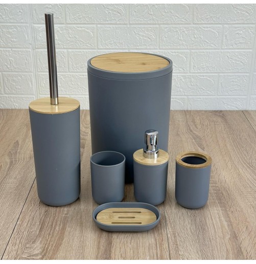 Set d'Accessoires de Salle de Bain 6 en 1 avec Couvercle en Bois