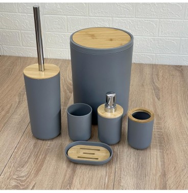 Set d'Accessoires de Salle de Bain 6 en 1 avec Couvercle en Bois