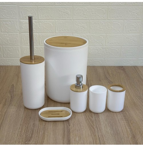 Set d'Accessoires de Salle de Bain 6 en 1 avec Couvercle en Bois