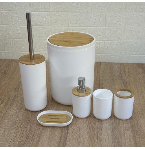 Set d'Accessoires de Salle de Bain 6 en 1 avec Couvercle en Bois