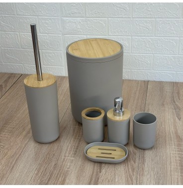 Set d'Accessoires de Salle de Bain 6 en 1 avec Couvercle en Bois