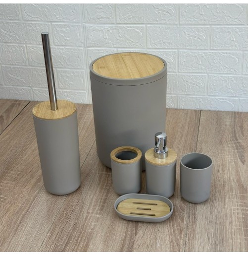 Set d'Accessoires de Salle de Bain 6 en 1 avec Couvercle en Bois