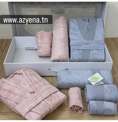 Coffret linge de bain “Elle & Lui” Belinda – Bambou luxe brodé, 8 pièces