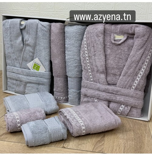 Coffret linge de bain “Elle & Lui” Belinda – Bambou luxe brodé, 8 pièces