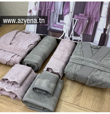 Coffret linge de bain “Elle & Lui” Belinda – Bambou luxe brodé, 8 pièces