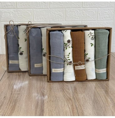 Ensemble de 5 torchons de cuisine– Mousseline 100% coton brodée, 40x60 cm