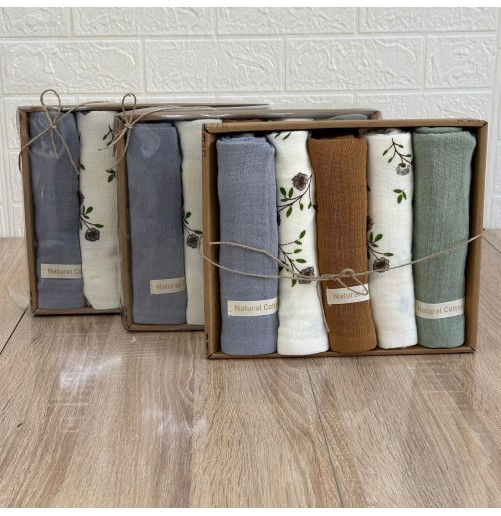 Ensemble de 5 torchons de cuisine– Mousseline 100% coton brodée, 40x60 cm