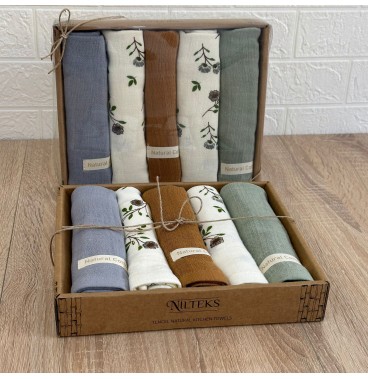 Ensemble de 5 torchons de cuisine– Mousseline 100% coton brodée, 40x60 cm