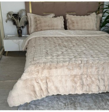 Beige -Ensemble Couette Double face en Fourrure Lapin - 5 Pièces