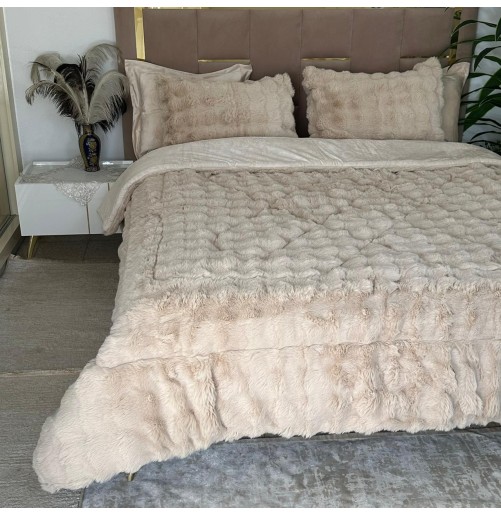 Beige -Ensemble Couette Double face en Fourrure Lapin - 5 Pièces