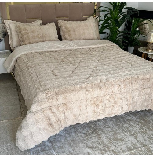 Beige -Ensemble Couette Double face en Fourrure Lapin - 5 Pièces