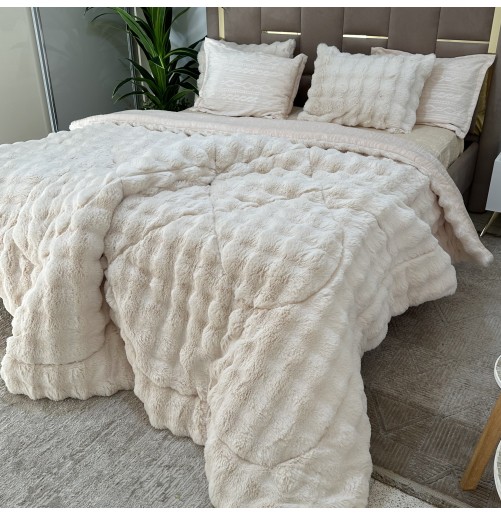 Blanc -Ensemble Couette Double face en Fourrure Lapin - 5 Pièces