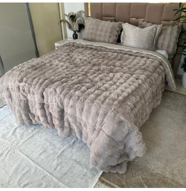 Greige -Ensemble Couette Double face en Fourrure Lapin - 5 Pièces