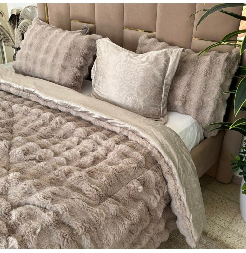 Greige -Ensemble Couette Double face en Fourrure Lapin - 5 Pièces