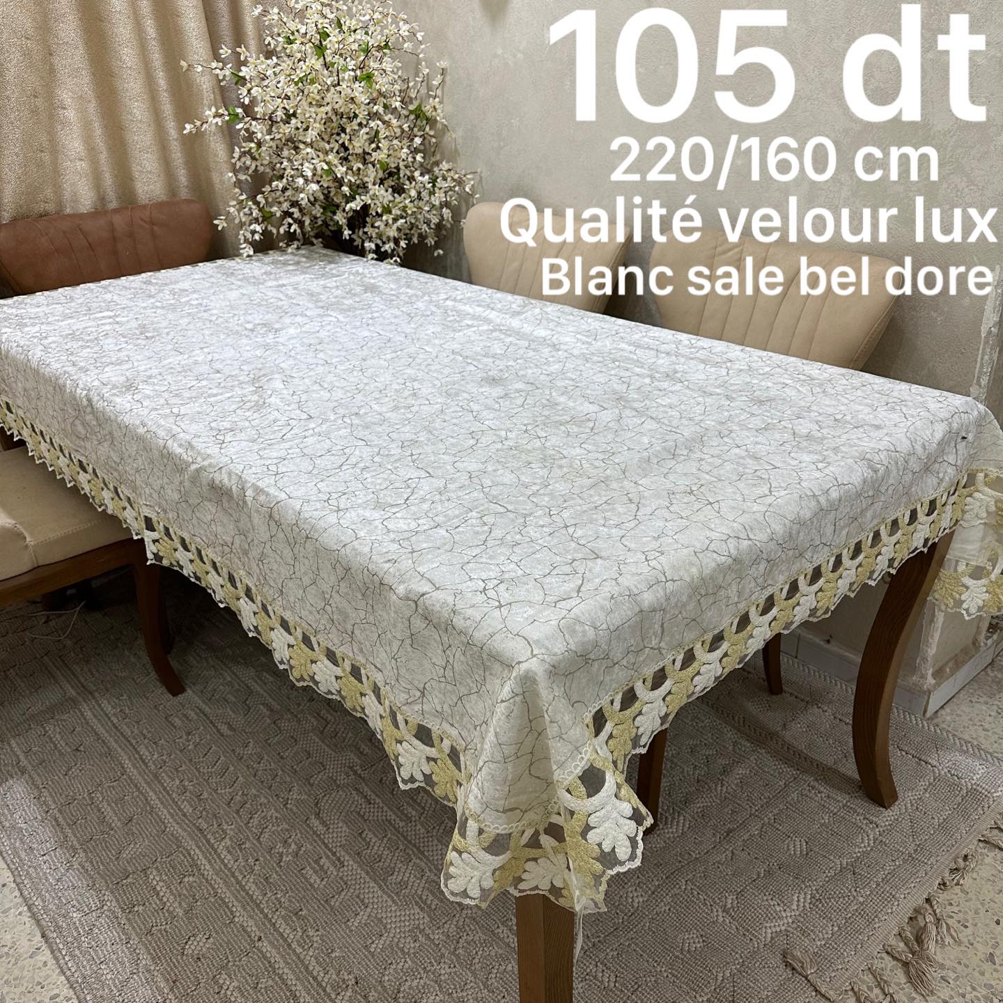 Nappe de Table en Velour Lux - Blanc Sale avec Fils Doré
