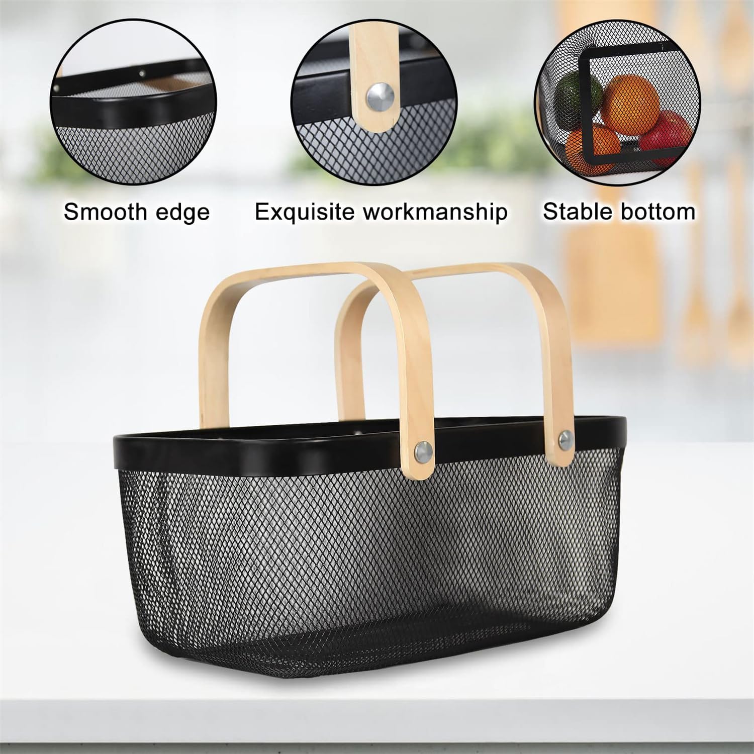 Lot de 3 paniers en acier à maille métallique avec poignée – Noir
