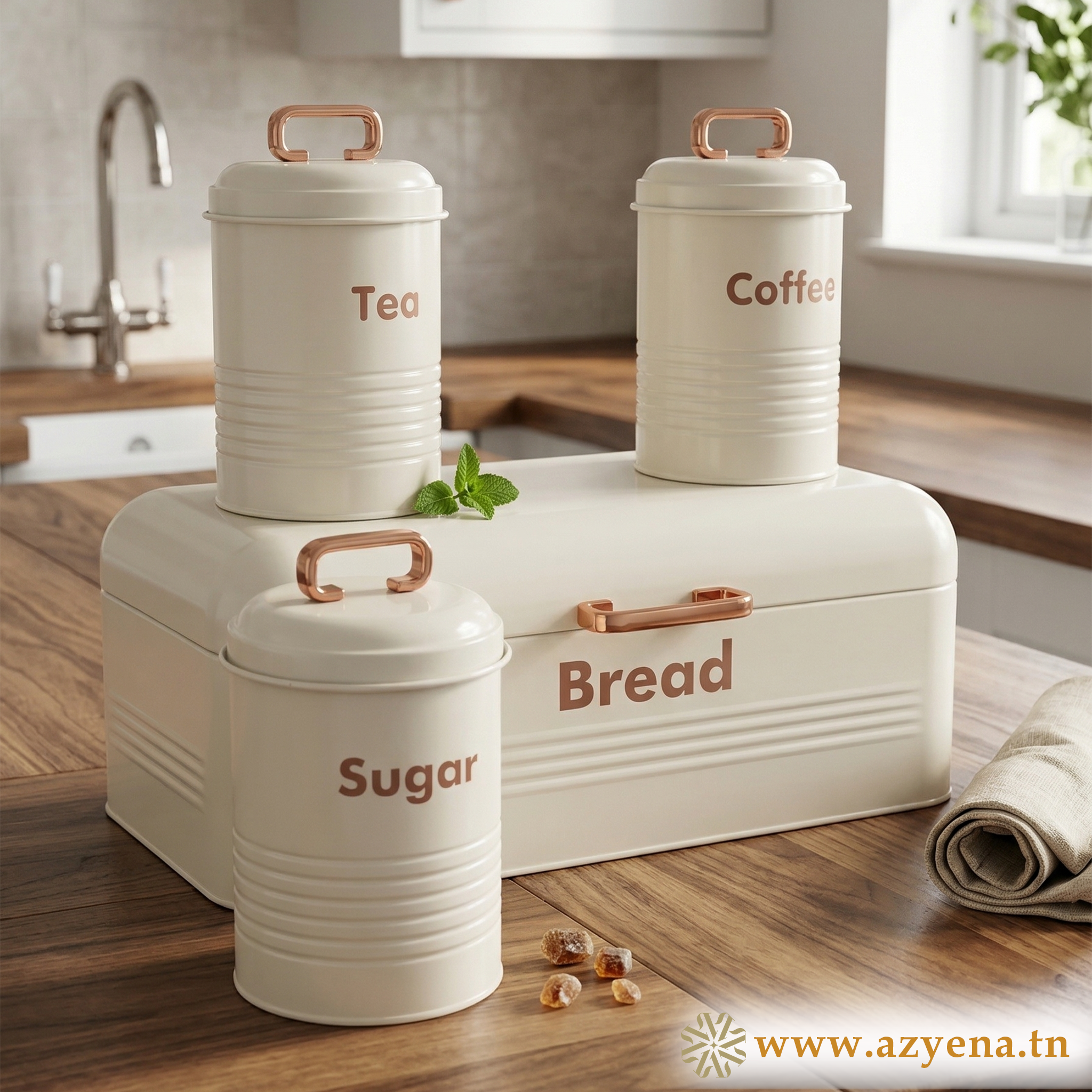Set 4 Boîtes de Rangement Cuisine en Métal  galvanisé - Blanc ivoire Crème