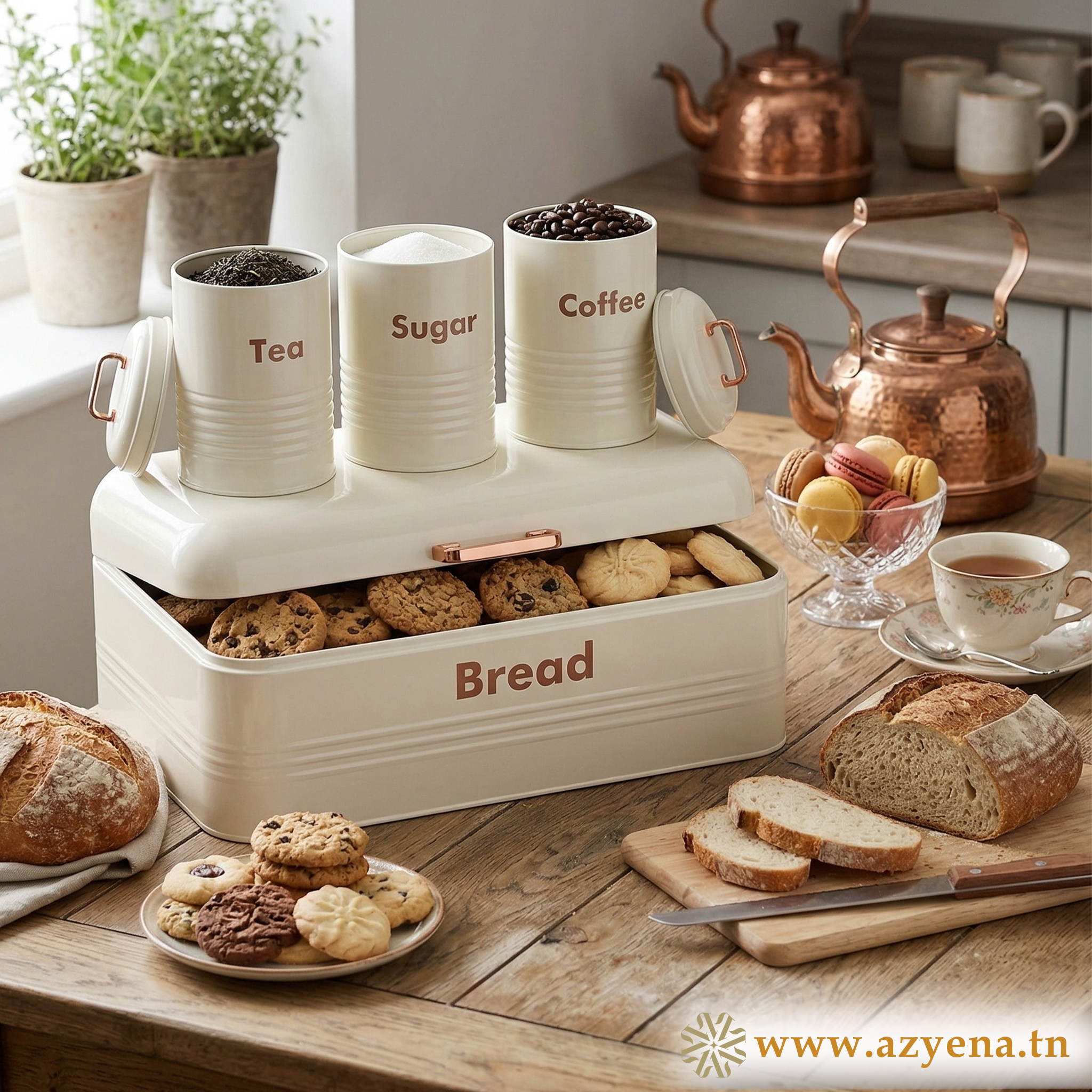 Set 4 Boîtes de Rangement Cuisine en Métal  galvanisé - Blanc ivoire Crème