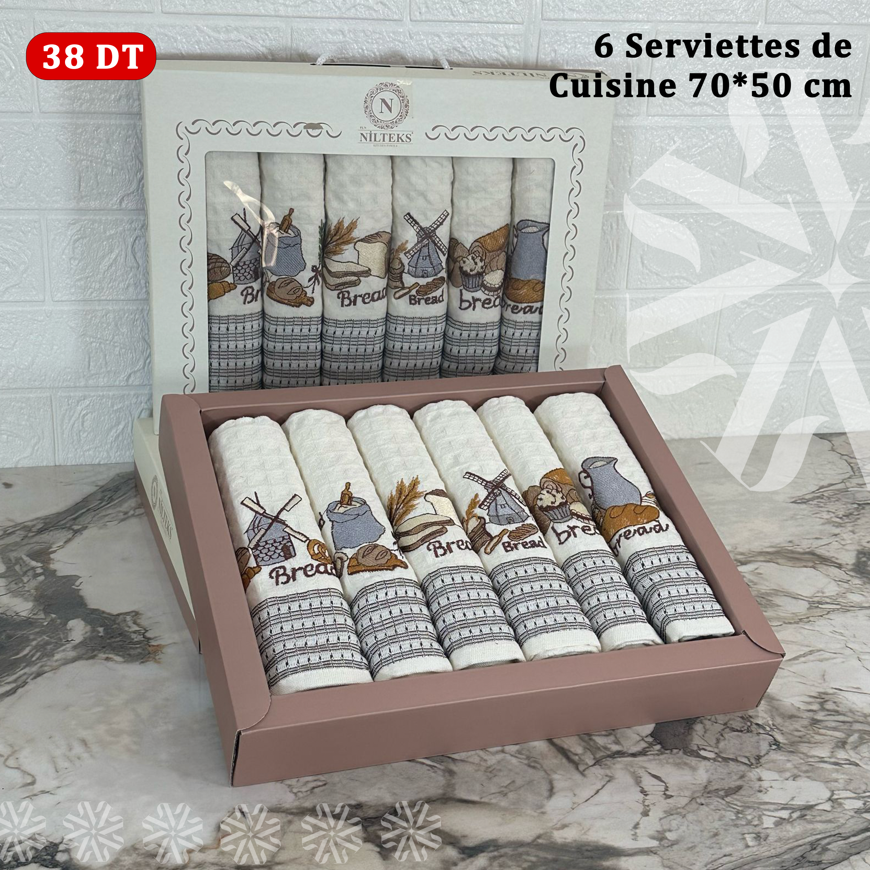 Pack de 6 serviettes de Cuisines 50*70 cm Brodé