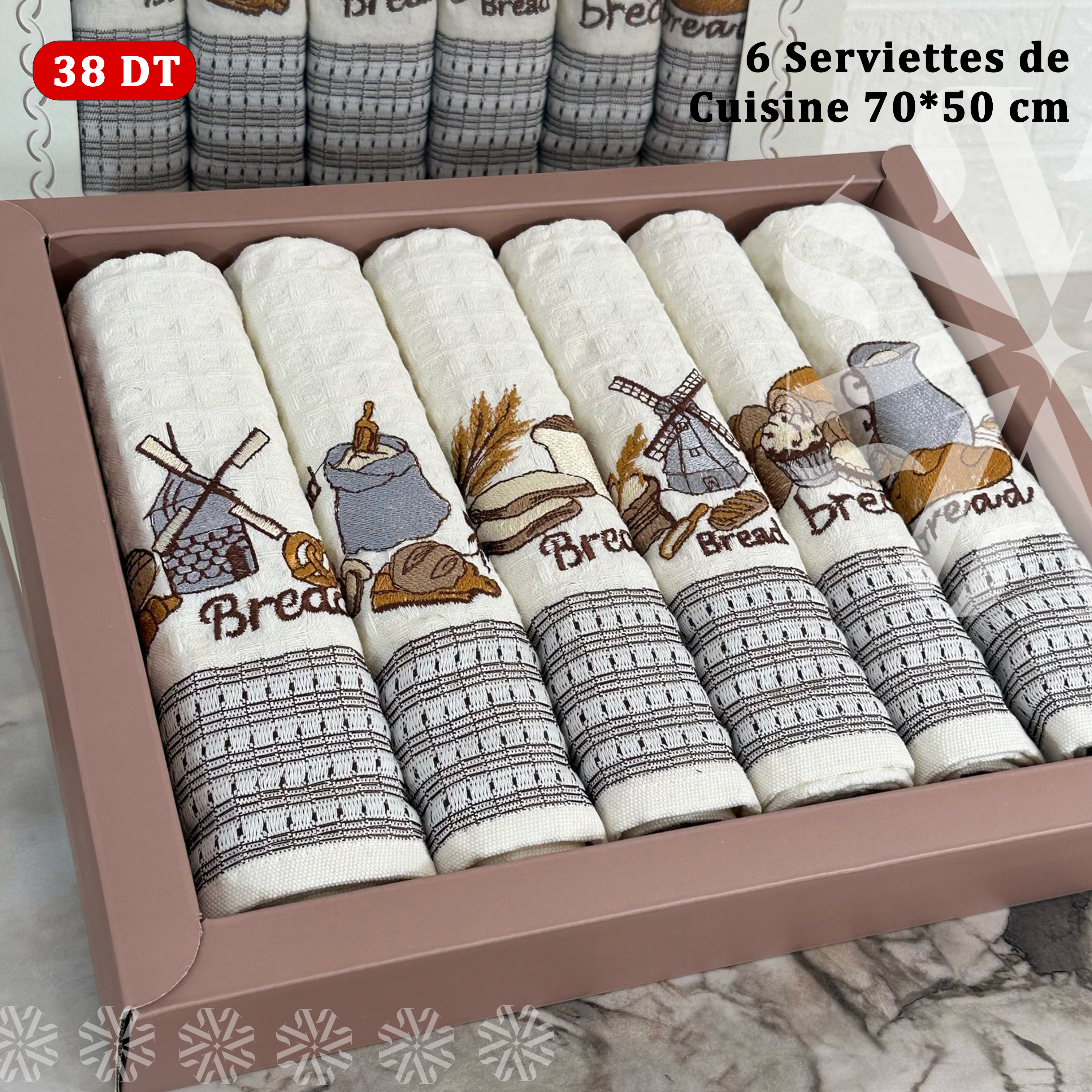 Pack de 6 serviettes de Cuisines 50*70 cm Brodé
