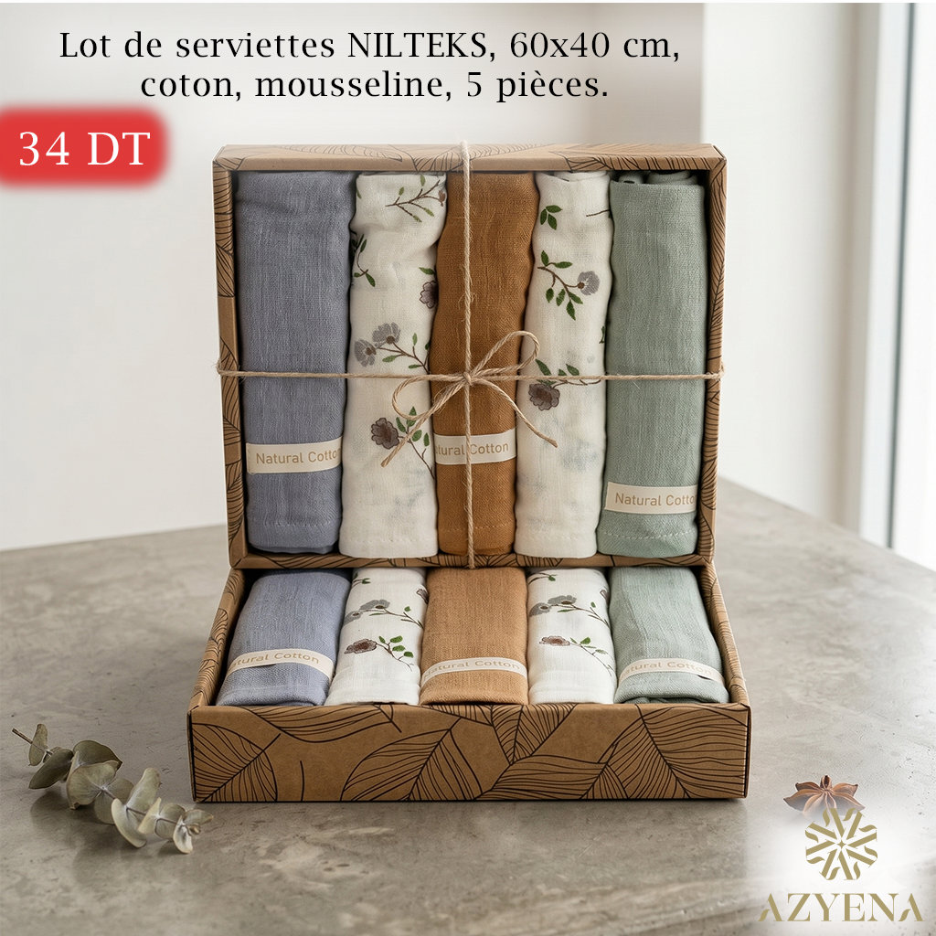 Lot de 5 Serviettes de Cuisine Niltex Mousseline coton  40×60 cm