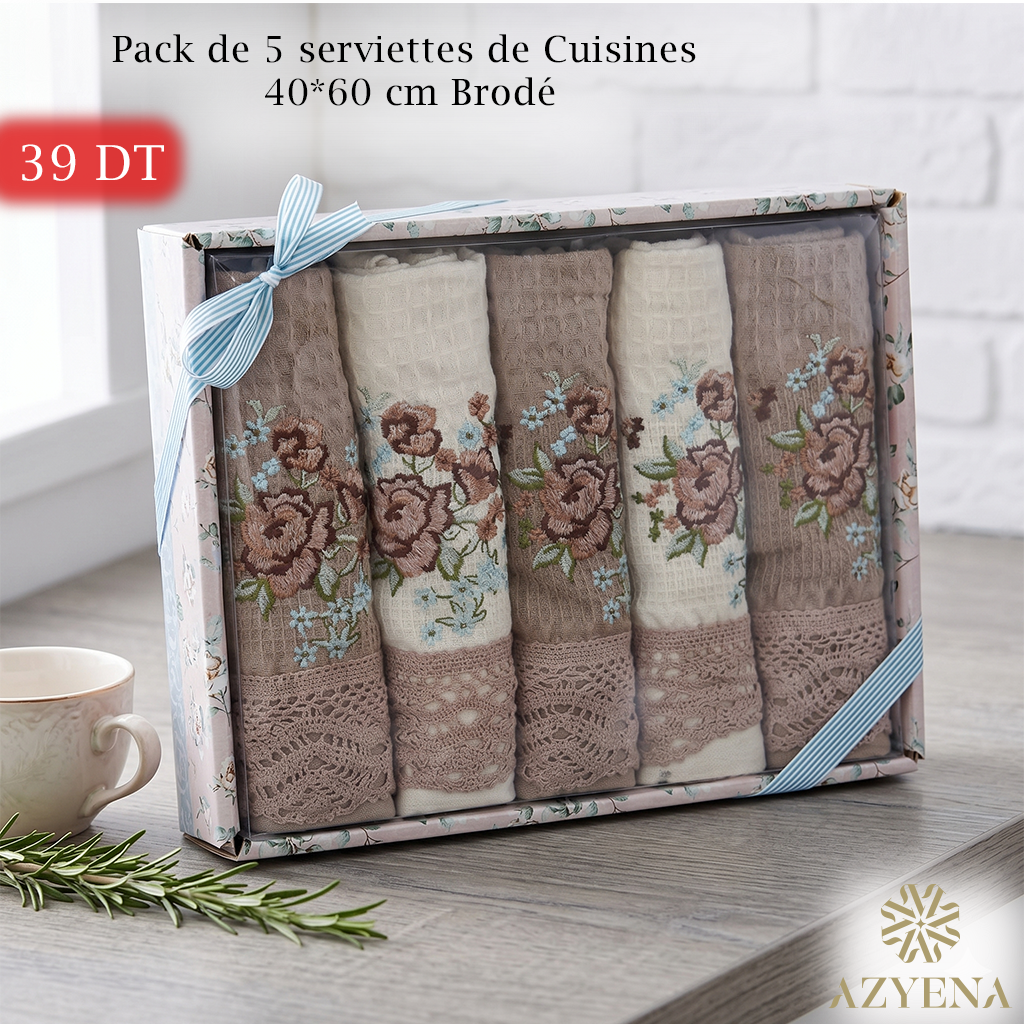 Pack de 5 serviettes de Cuisines 40*60 cm Brodé