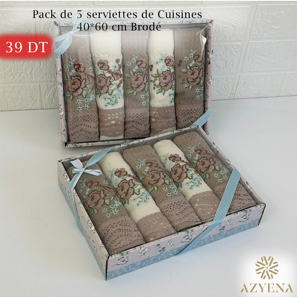 Pack de 5 serviettes de Cuisines 40*60 cm Brodé