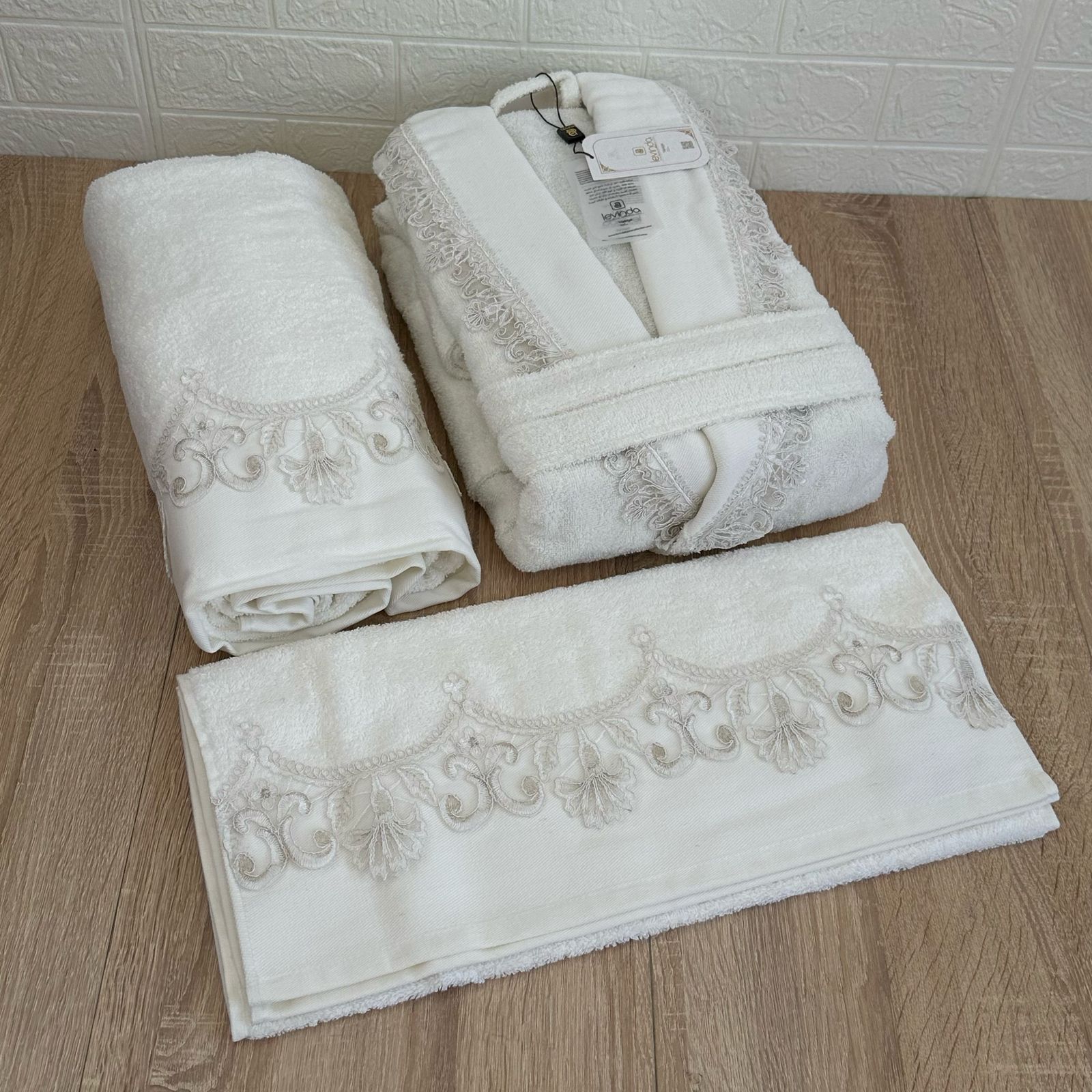 Ensemble Peignoir Femme Levinda Havlu - Set 3 Pièces Coton Luxe Brodé