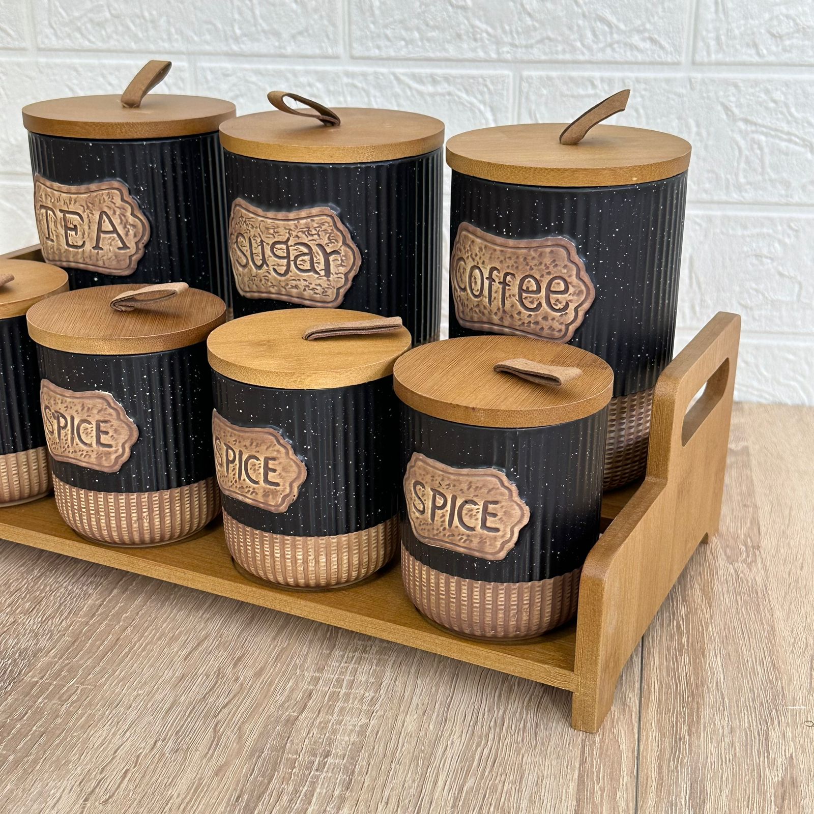 Porte Épices en Céramique avec Support Bois – 7 Pots