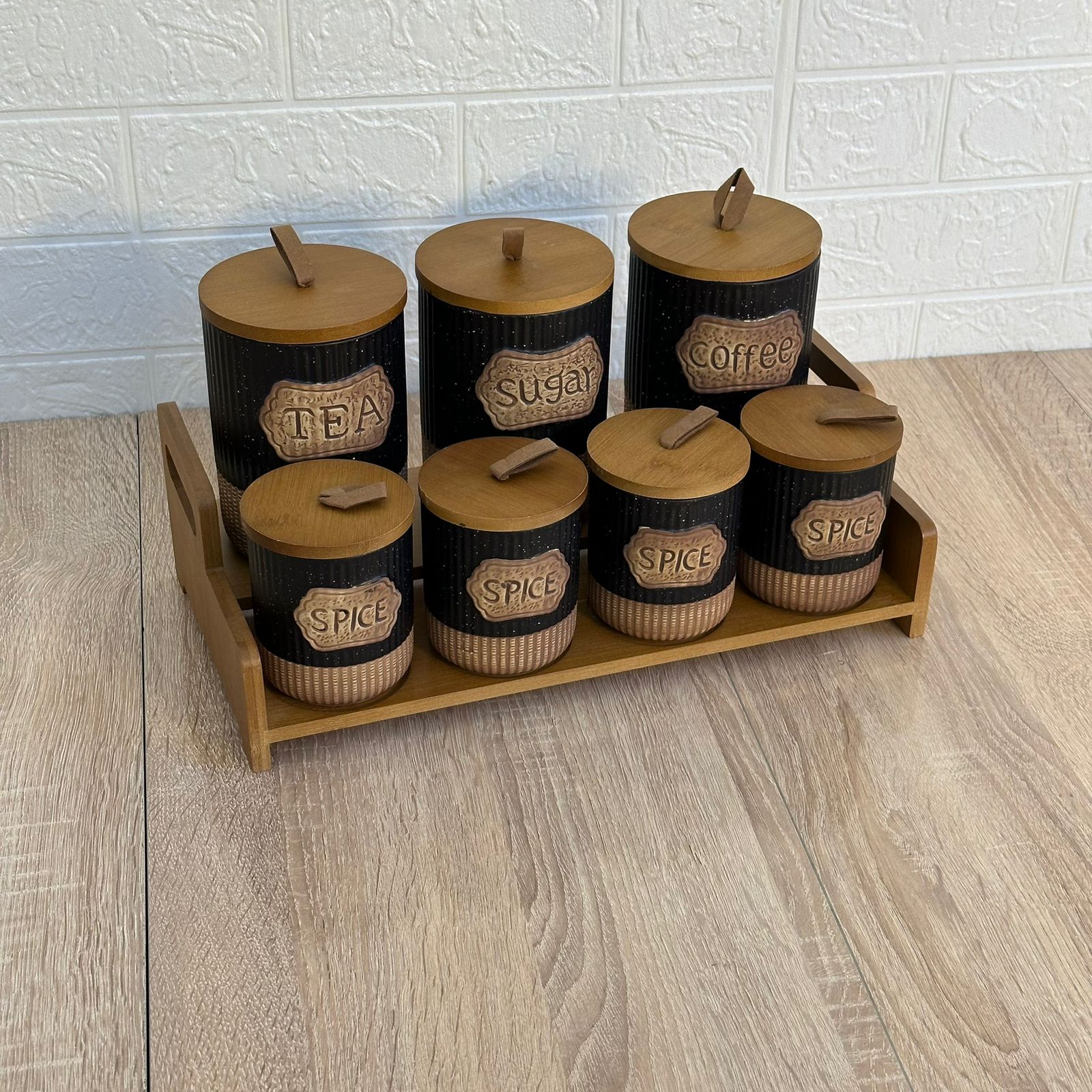 Porte Épices en Céramique avec Support Bois – 7 Pots