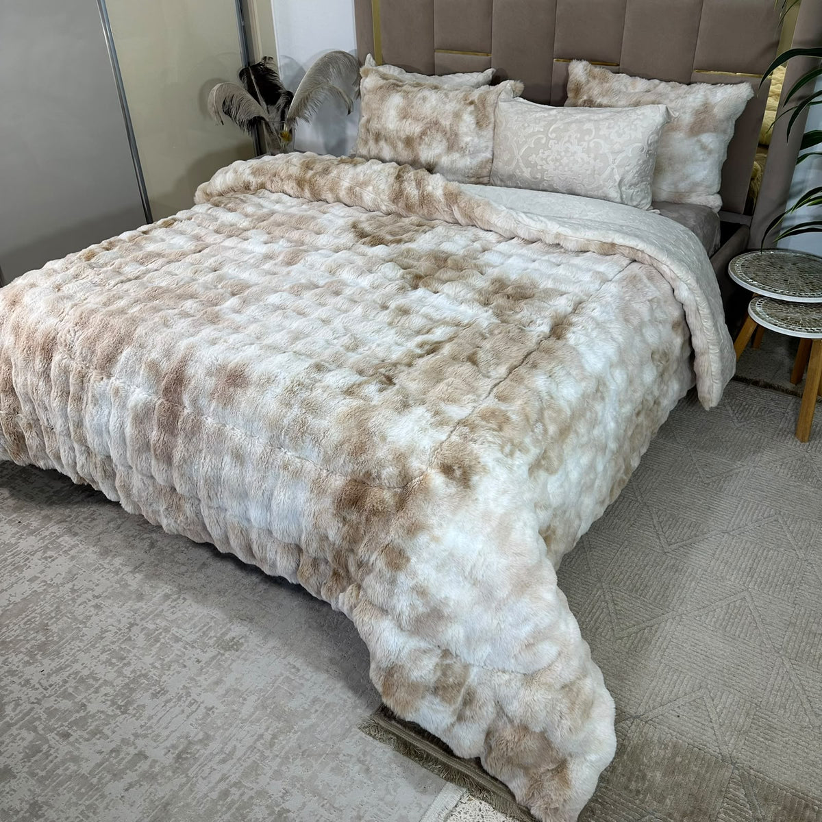 LUX -Ensemble Couette Double face en Fourrure Lapin - tigré beige