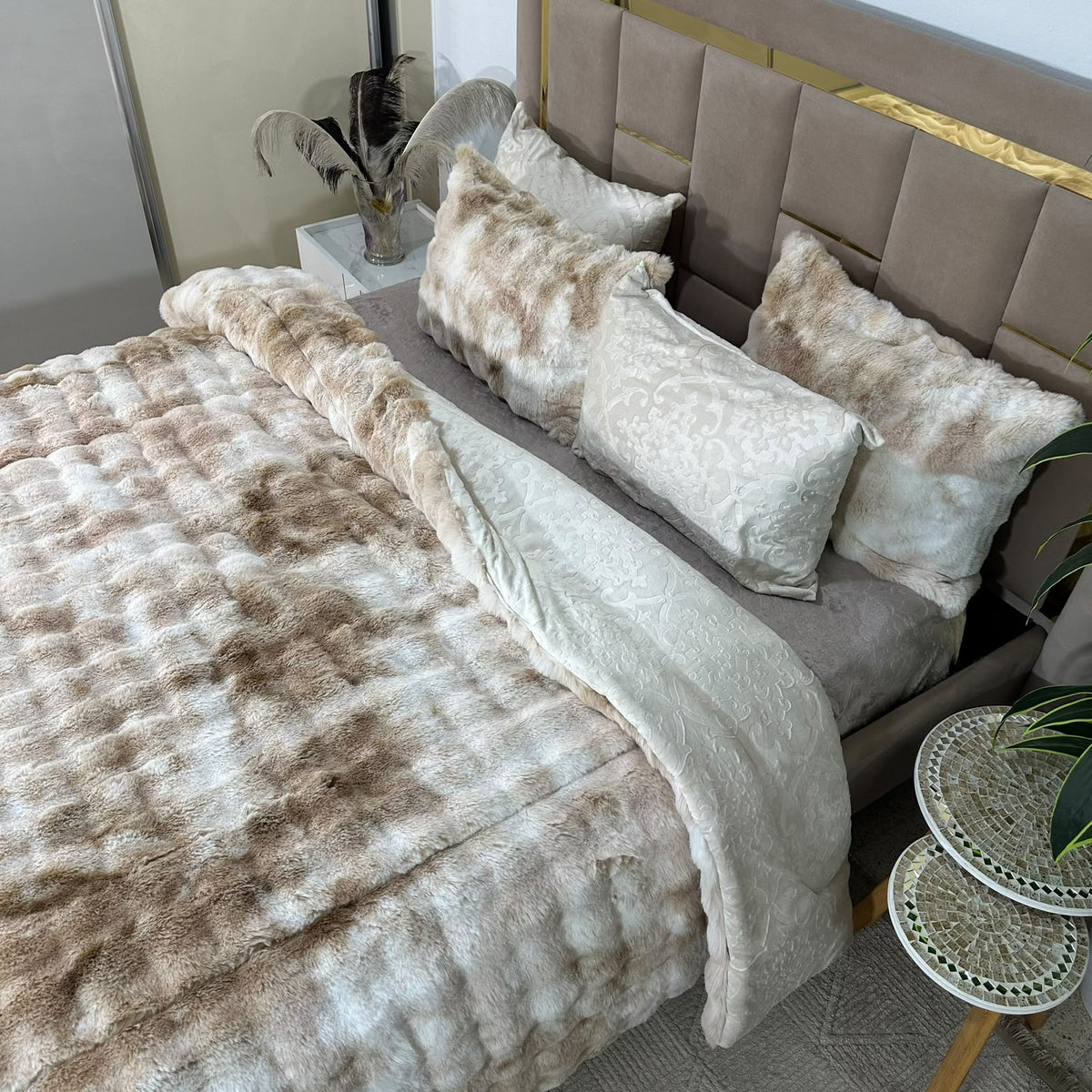 LUX -Ensemble Couette Double face en Fourrure Lapin - tigré beige