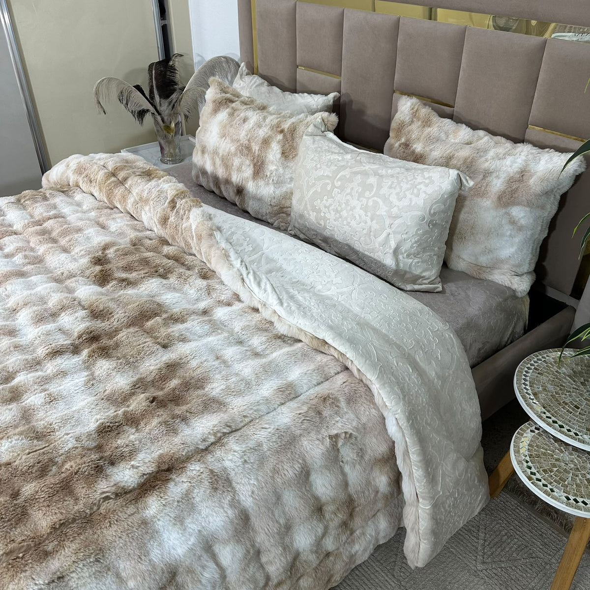 Ensemble Couette en Fourrure Lapin - Haut Qualité   King Size