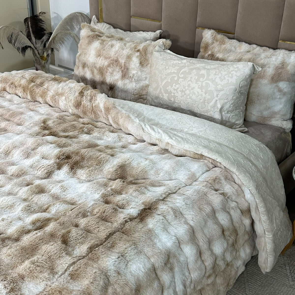 LUX -Ensemble Couette Double face en Fourrure Lapin - tigré beige