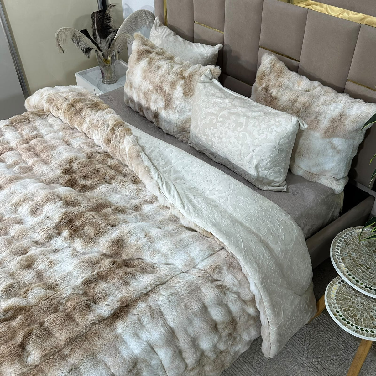 Ensemble Couette en Fourrure Lapin - Haut Qualité   King Size
