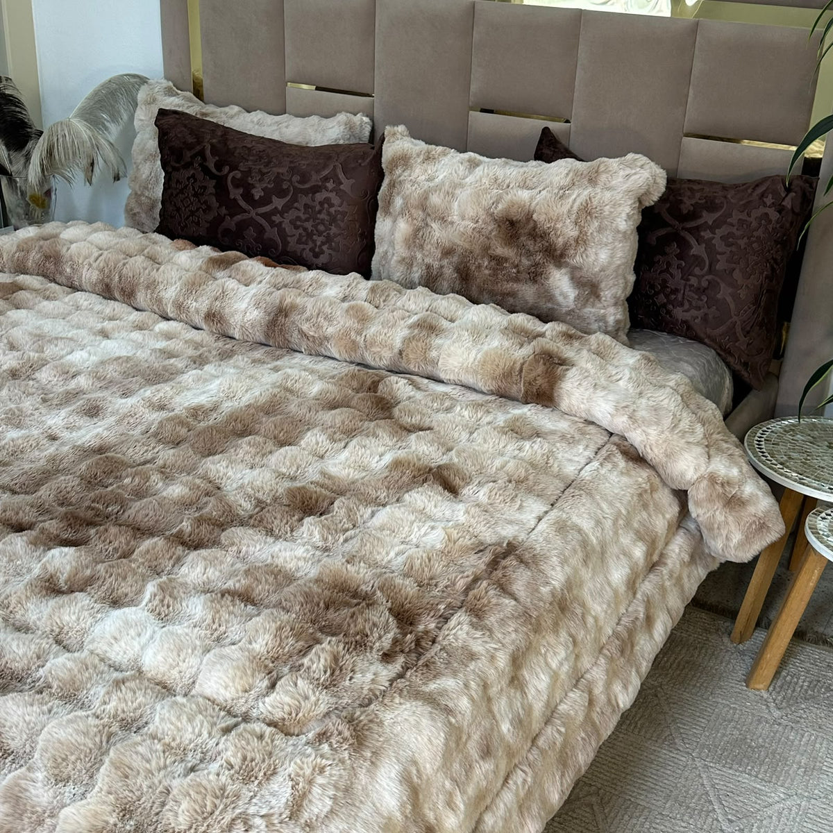 LUX -Ensemble Couette Double face en Fourrure Lapin  - tigré marron