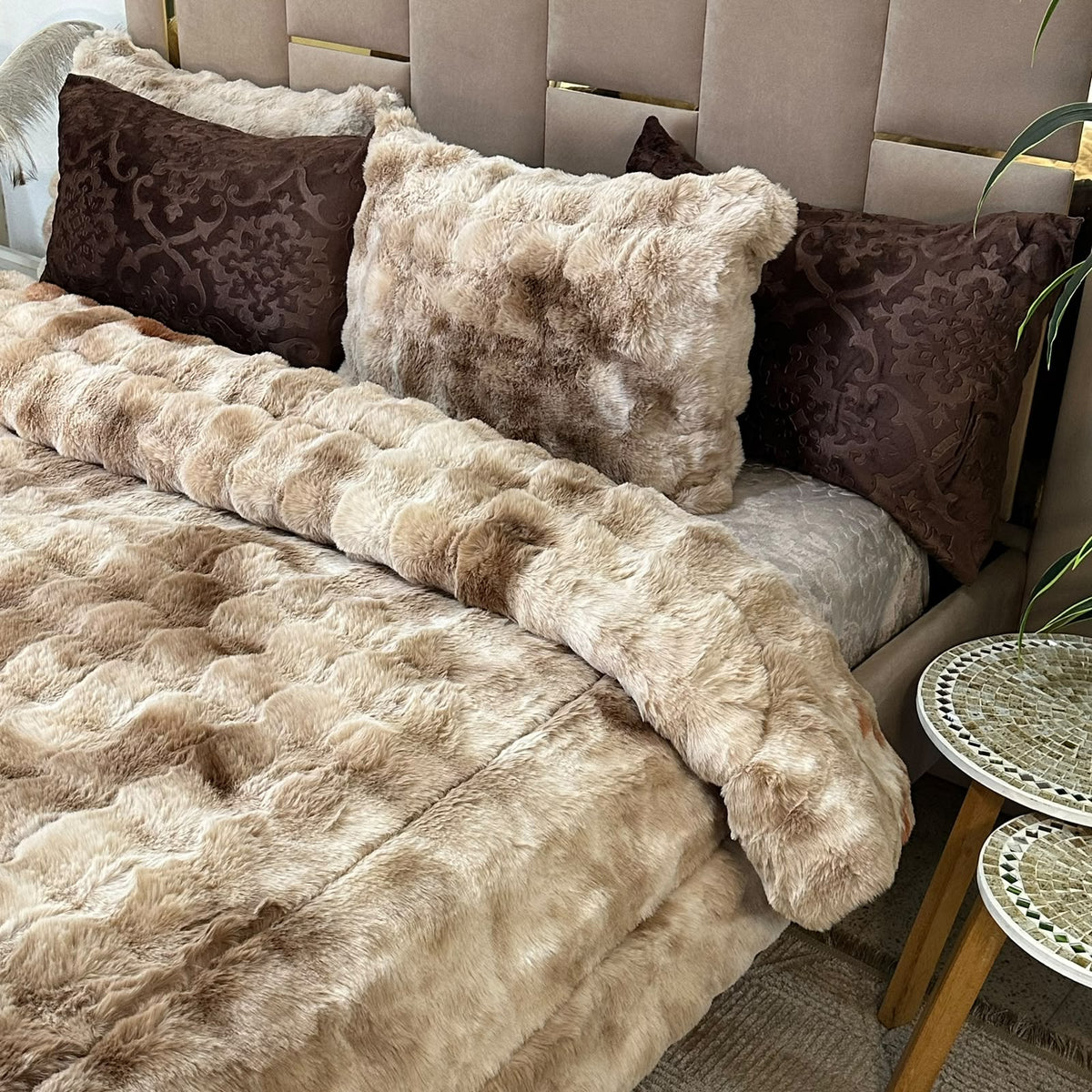 LUX -Ensemble Couette Double face en Fourrure Lapin  - tigré marron