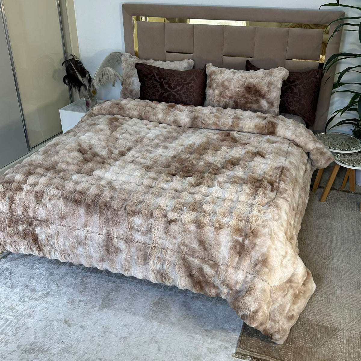 LUX -Ensemble Couette Double face en Fourrure Lapin  - tigré marron