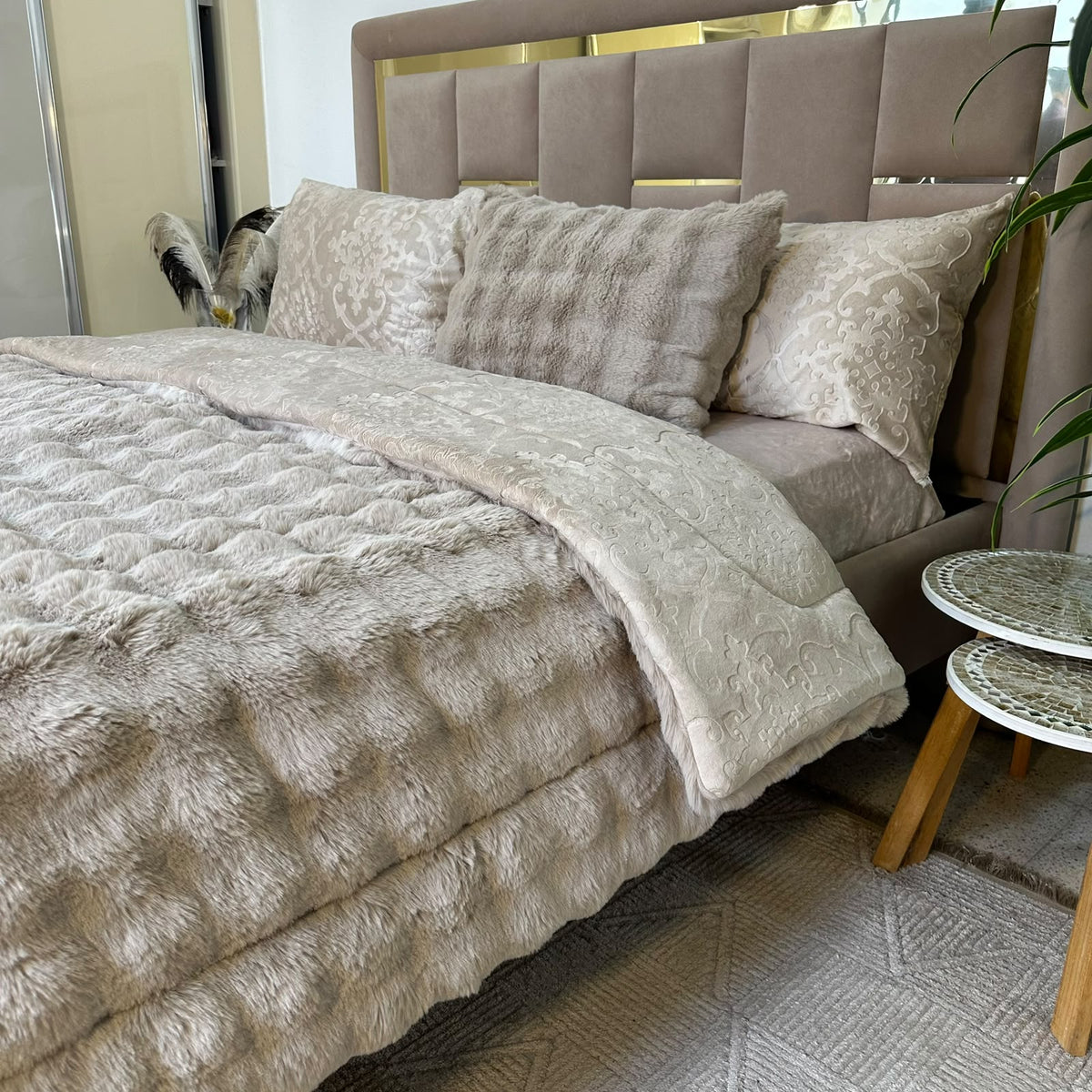 LUX -Ensemble Couette Double face en Fourrure Lapin - beige café