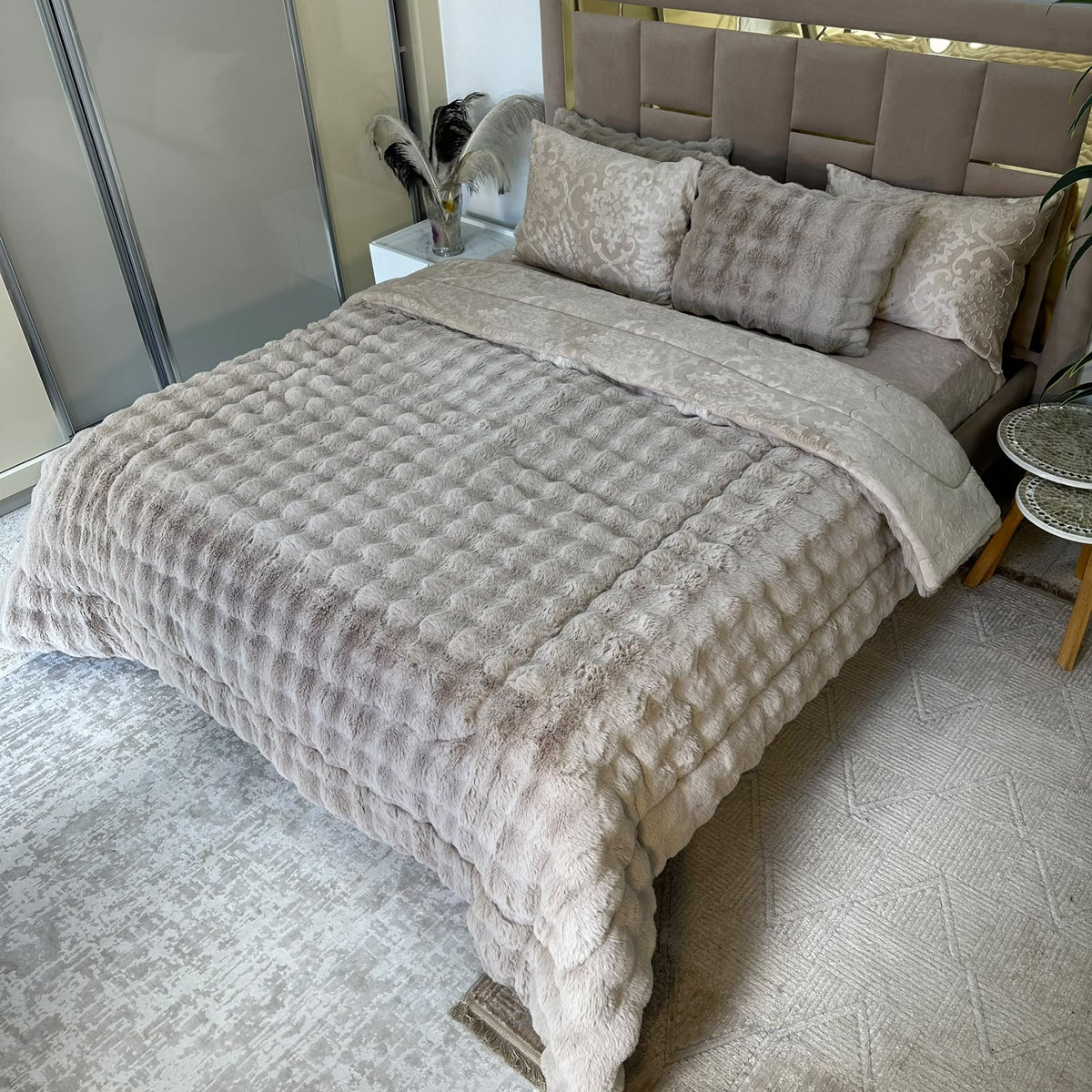 LUX -Ensemble Couette Double face en Fourrure Lapin - beige café