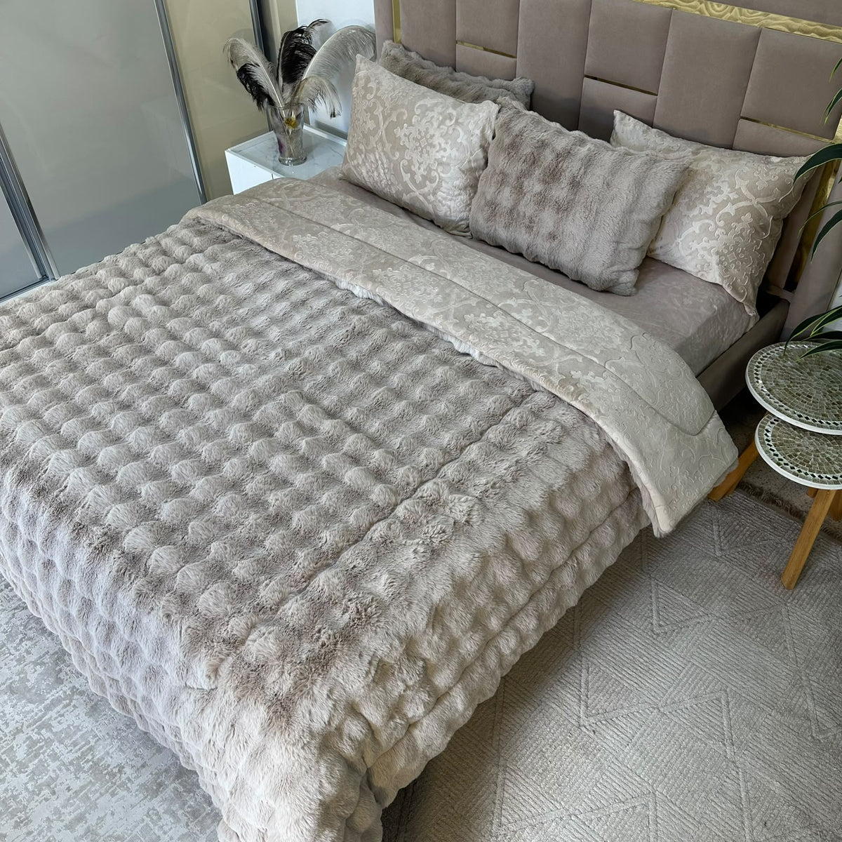 LUX -Ensemble Couette Double face en Fourrure Lapin - beige café
