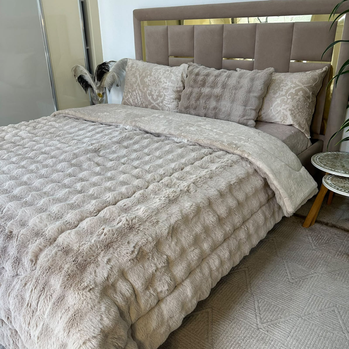 LUX -Ensemble Couette Double face en Fourrure Lapin - beige café